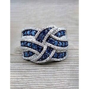 Blue and White Stone Woven Lattice Wide Band Cocktail Ring Silver Tone Statement
